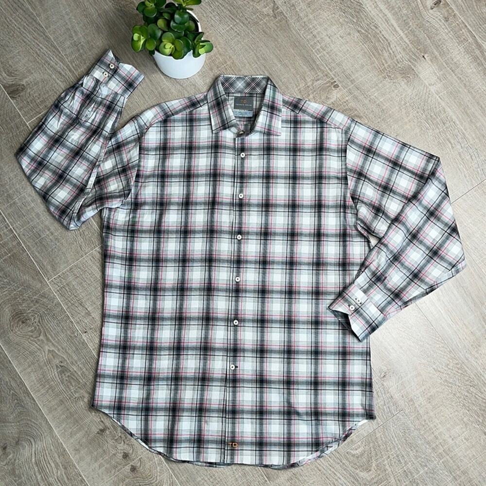 TD THOMAS DEAN Gray Pink Plaid Long Sleeve Button Front Shirt Men’s Size Large